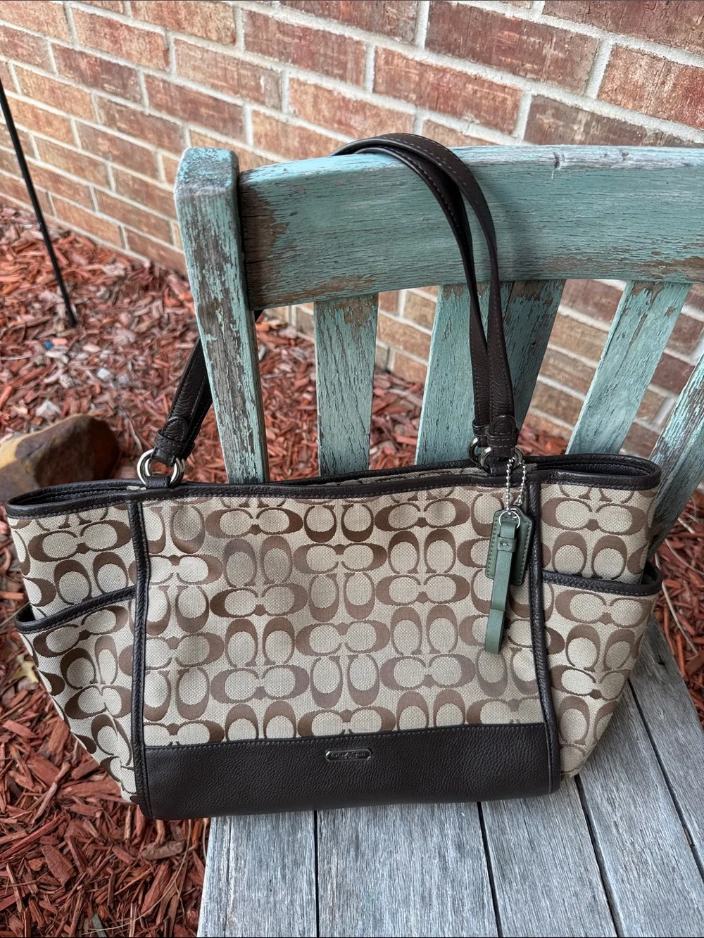 Coach Park Signature Carrie Tote 👜 w/Monogram canvas & dark brown leather trim